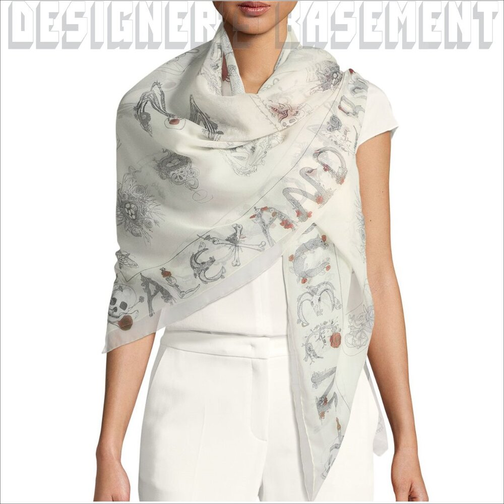 ALEXANDER MCQUEEN white letters SKULL CABINETS silk chiffon 52" sqr scarf shawl - Picture 5 of 7